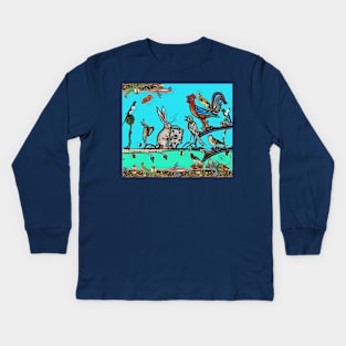 WEIRD MEDIEVAL BESTIARY MORNING MUSIC CONCERT OF RABBITS AND BIRDS IN TEAL BLUE Kids Long Sleeve T-Shirt